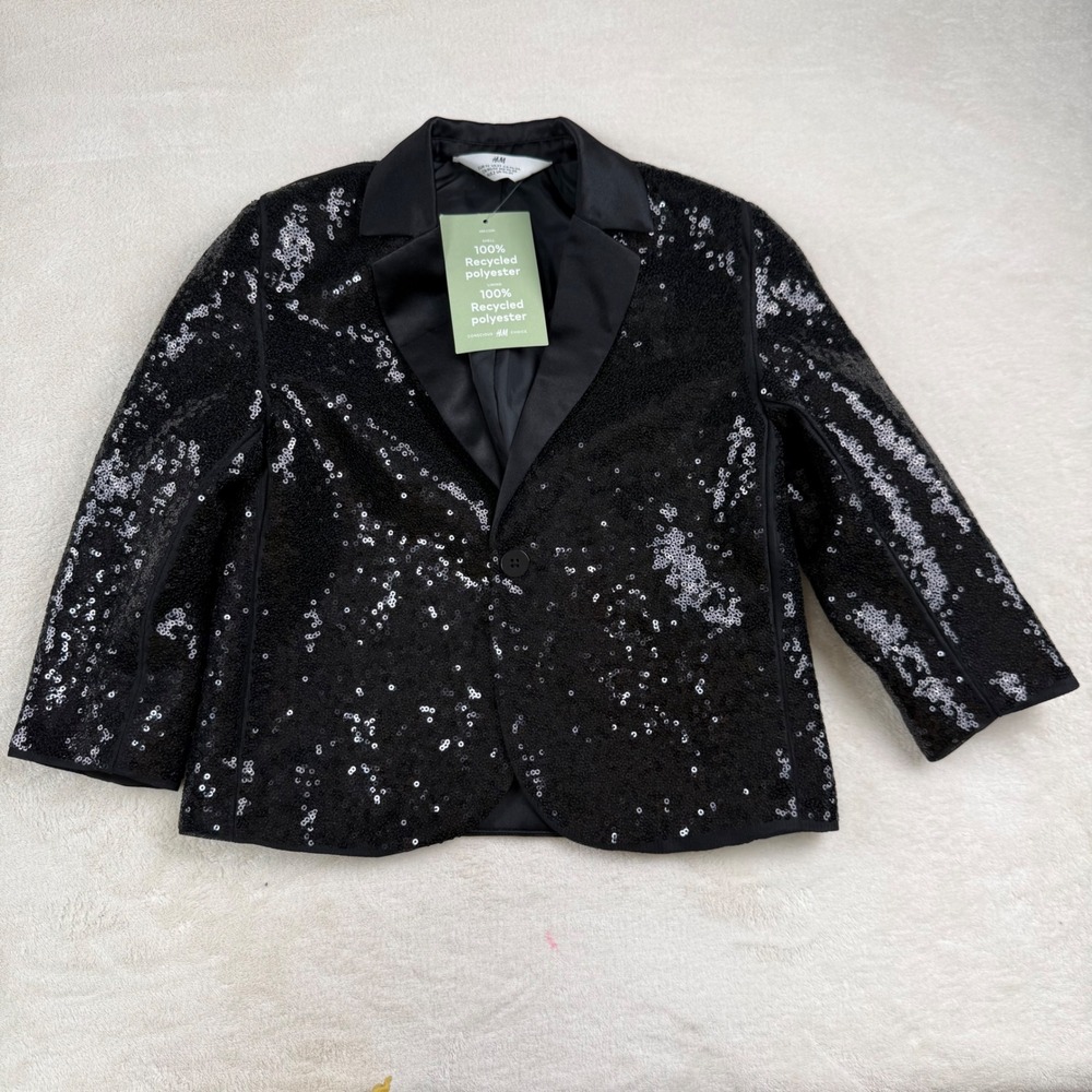 HM Kids Black Sequin Blazer Toddler Boys 2T Tuxedo Jacket Recycled Polyester NWT